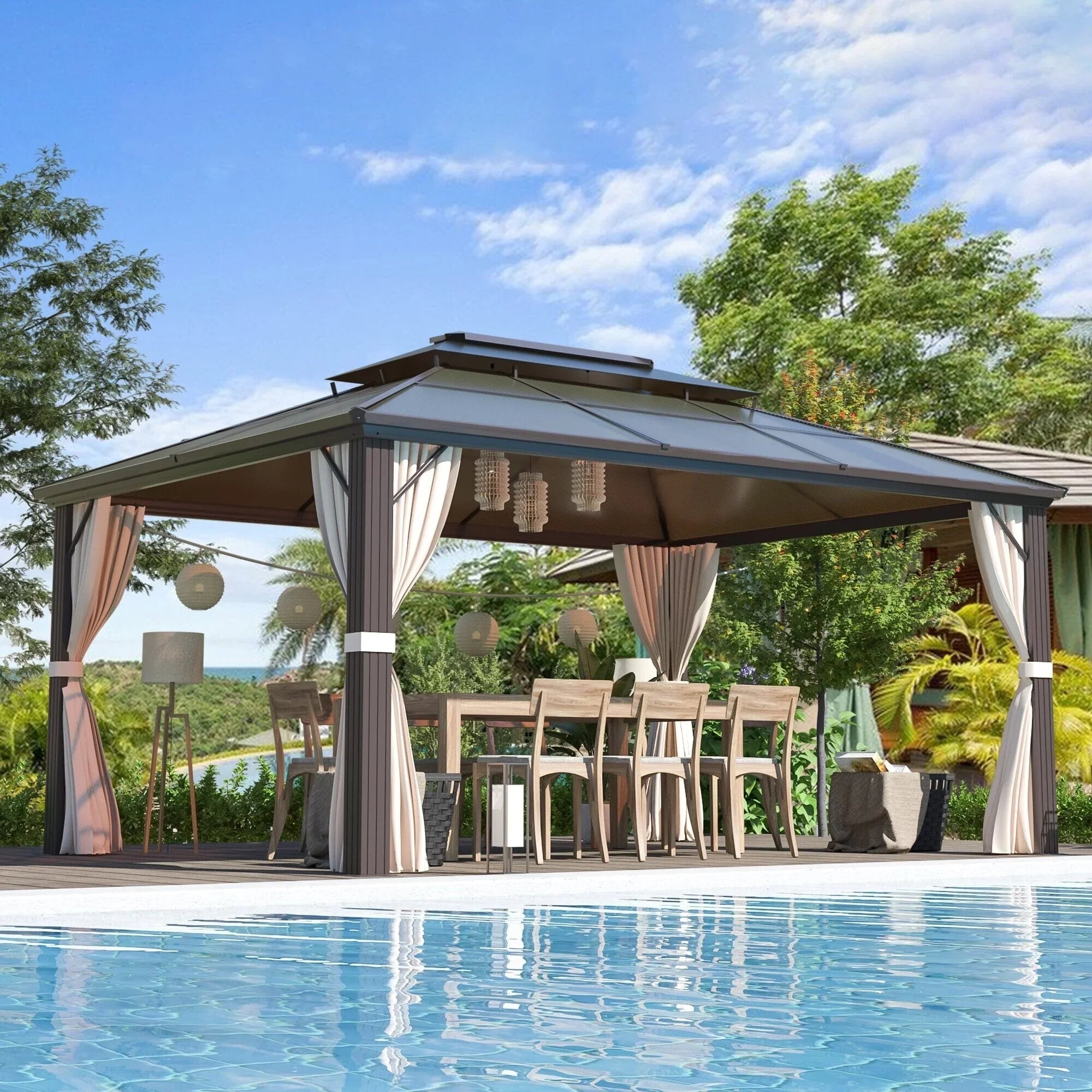 EROMMY Hardtop Gazebo,Outdoor Pergola with Double Roof & Netting & Curtains,Heavy Duty Canopy for Patio, Backyard, Pool party – Image 88