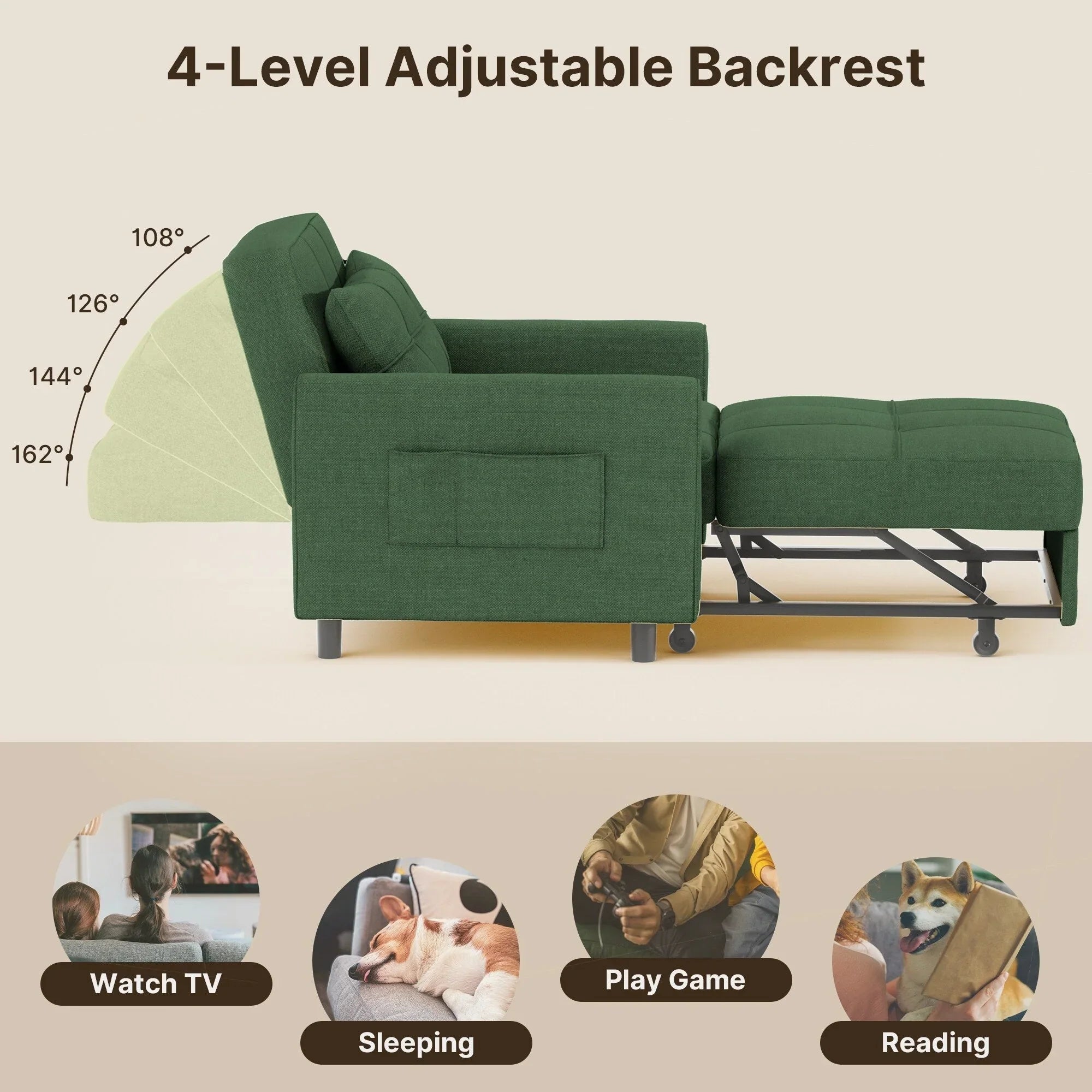 3-in-1 Adjustable Sleeper Sofa Bed, Pull Out Chair Sofa, Convertible Folding Bed for Living Room – Image 13