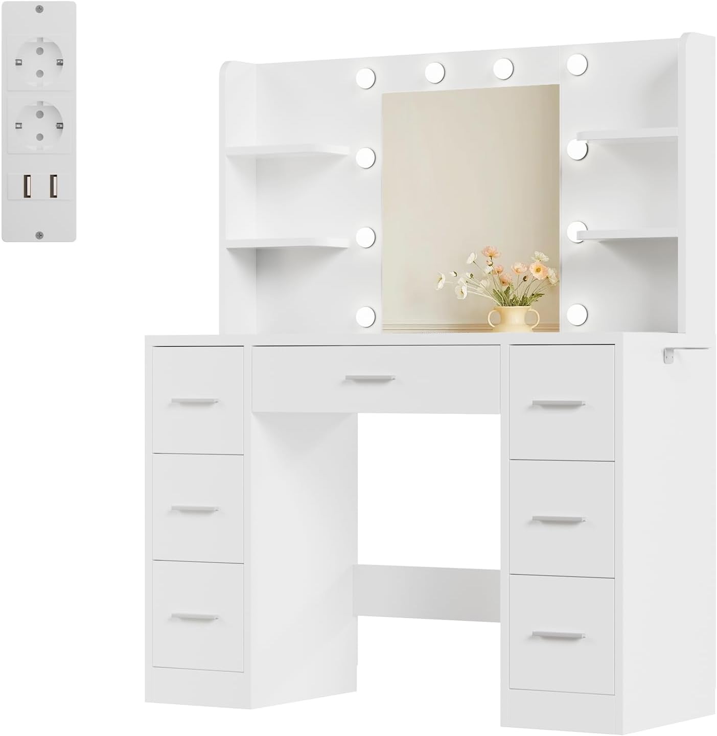 JUMMICO Coiffeuse avec Miroir et Prise, 10 Ampoules LED à 3 Modes de Lumière, Table de Maquillage avec Rangement, 7 Tiroirs, 4 Étagères, Support pour Sèche-Cheveux, Meuble Moderne de Chambre Blanc – Image 8