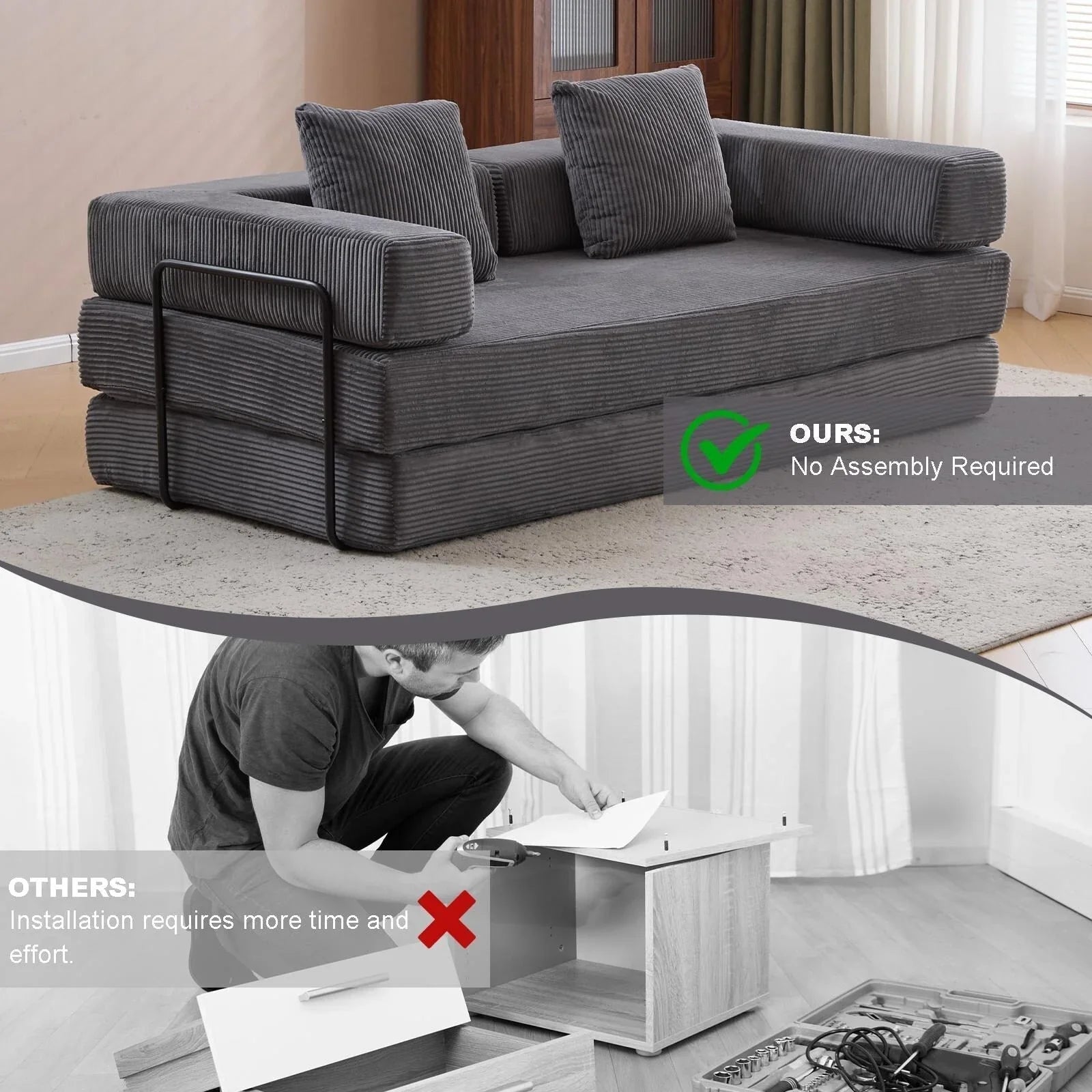 Convertible Floor Sofa Bed with Pillow Back Chenille Fabric for Living Room Bedroom – Image 16