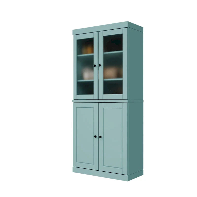 100% Solid Wood Pantry Cabinet with Frosted Glass Doors, Solid Doors, 2-Drawers and Adjustable Shelves – Image 18