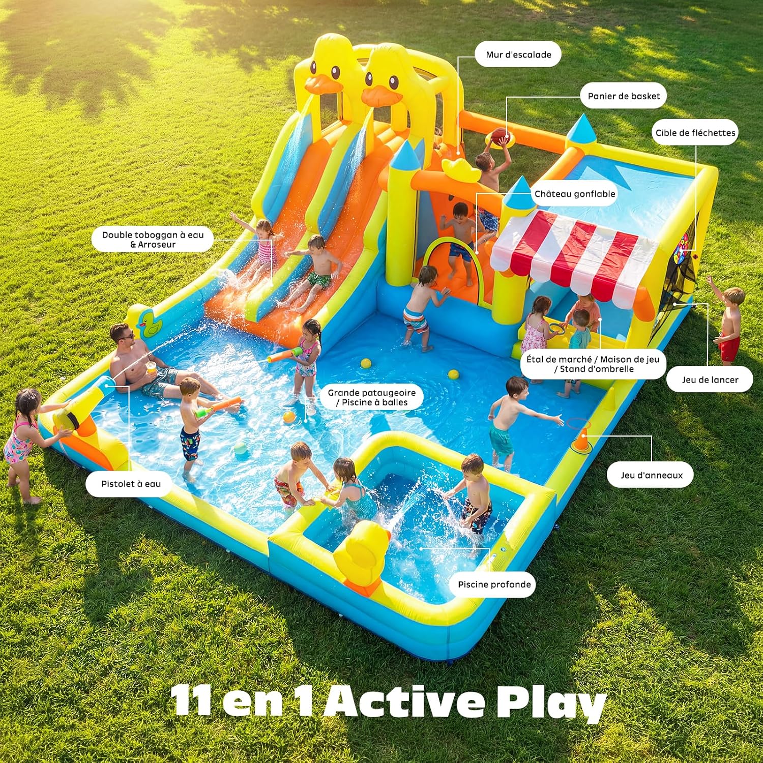 Hapfan Château Gonflable 11-en-1 avec Double Toboggan Aquatique – Piscine, Pistolet à Eau, Mur d’Escalade & Panier de Basket pour Les Plus Grands –520 * 445 * 245cm, Idéal pour Une fête de Jardin – Image 2