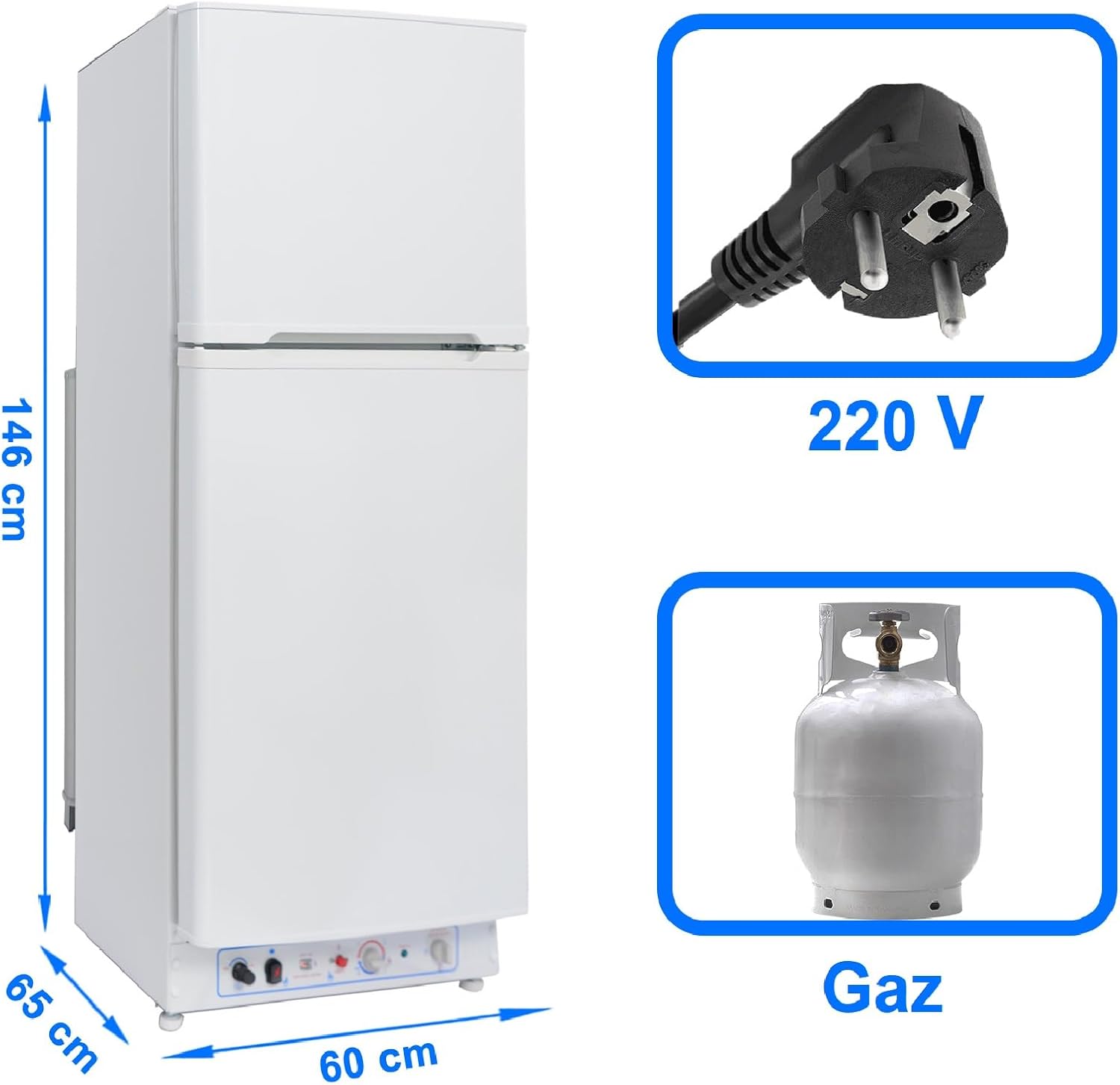 Frigo Congélateur Gaz/220V, Frigo Congélateur Combiné 175 litres (129+46), Réfrigérateur Congélateur Camping Gaz, Silencieux pour Gîte, Garage, Cabanon, Chalet, Mobile-home, Blanc – Image 4