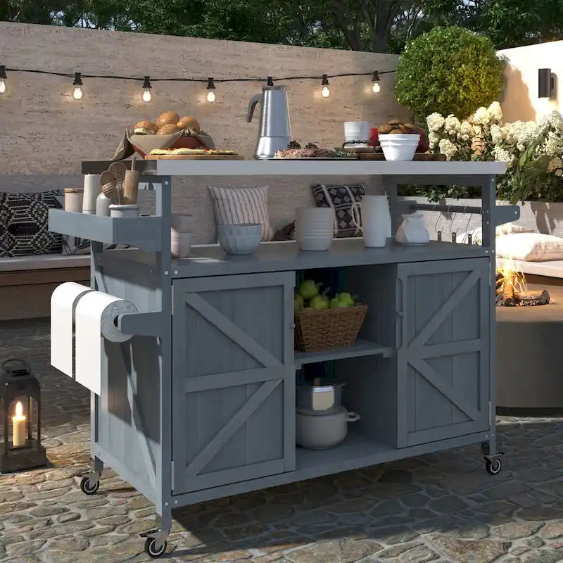 Outdoor Kitchen Island, Rolling Bar Cart & Storage Cabinet,Solid Wood Grill Table with Stainless Steel Top,Spice Rack,Towel Rack – Image 14