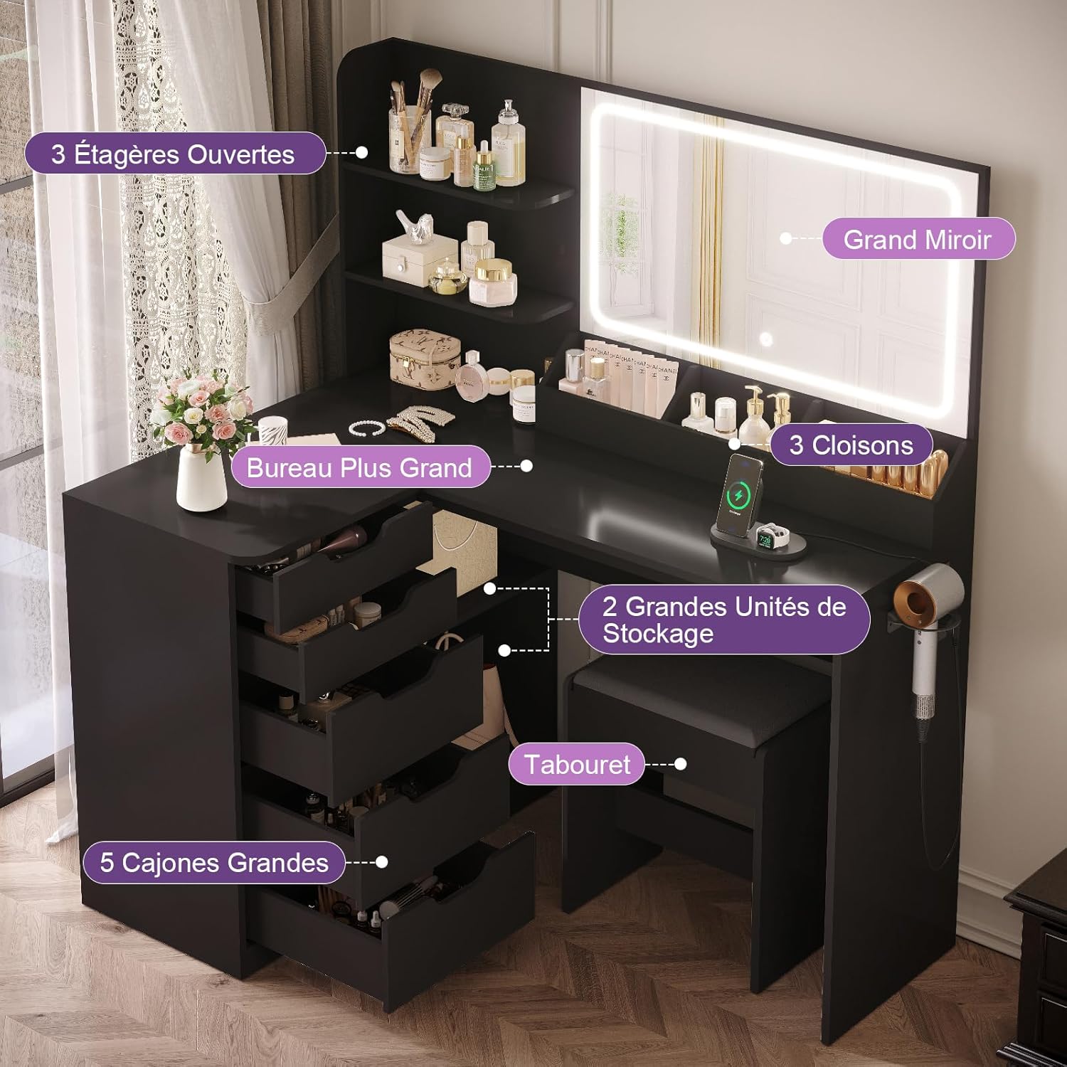 TRIUMPHKEY Coiffeuse avec Grand Miroir LED et Tabouret,Table de Maquillage en L avec Multiprise y Support de Sèche-Cheveux,5 Tiroirs,Cloison de Rangement,Étagères,Coiffeuse Moderne Noir – Image 6