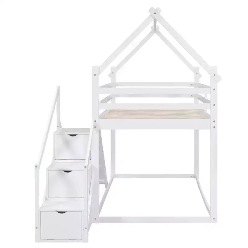 House Bunk Beds with Slide and Storage Stairs, Kids Wood Twin over Twin Bunk Bed with Roof and Stairs for Girls Boys – Image 22