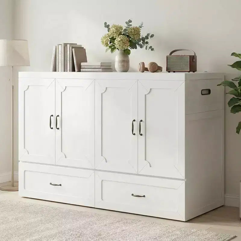 Mjkone Queen Size Convertible Murphy Cabinet Bed with Mattress, USB Charging, Storage Drawers – Image 29