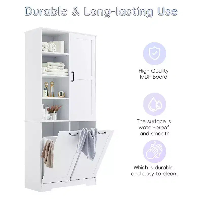 Bathroom Storage Cabinet with Doors and Drawers Tilt-Out Laundry Hamper Multiple Storage Space Freestanding Style – Image 11