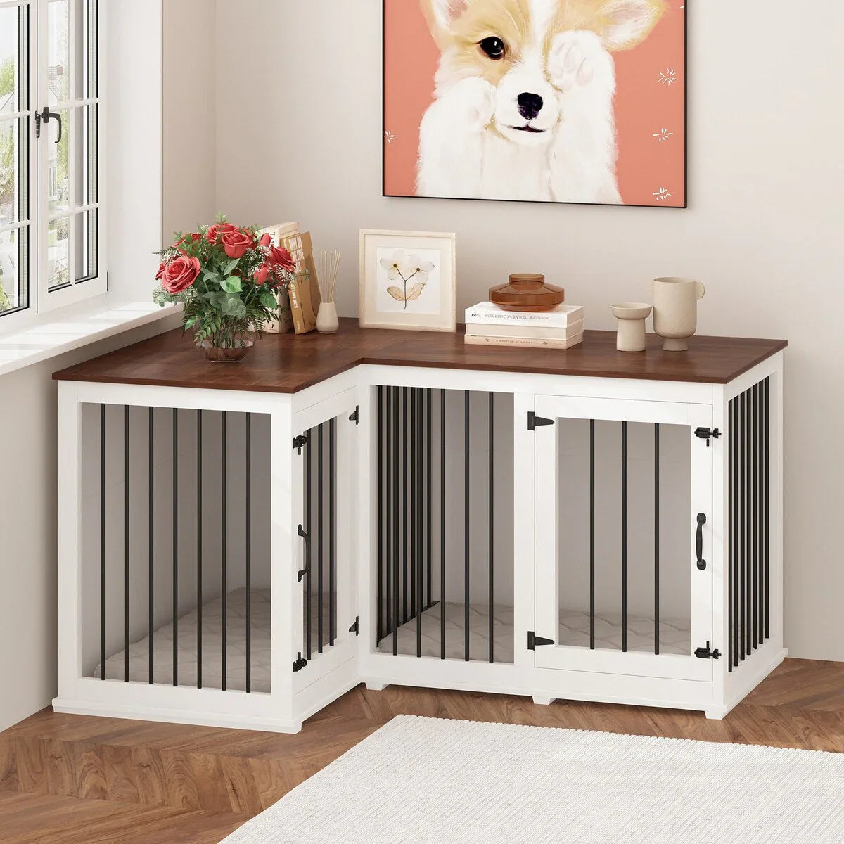 Large Corner Dog Crate Furniture for 2 Dogs, L Shape Dog Crate Cage - 58.7X41.1 – Image 8