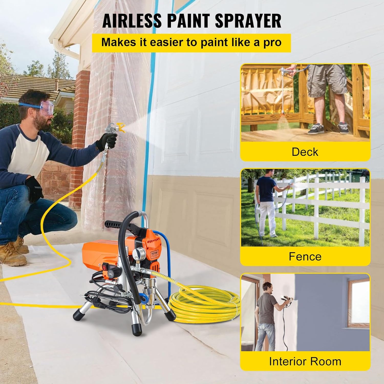 VEVOR Pulvérisateur sans Air avec Tuyau Haute Pression, Pistolet de Peinture Murale 2200 W, 3000 PSI, 2 L/Min, Moteur sans Balais Inclus, pour Peinture Intérieure Extérieure Fournitures Clôtures – Image 2