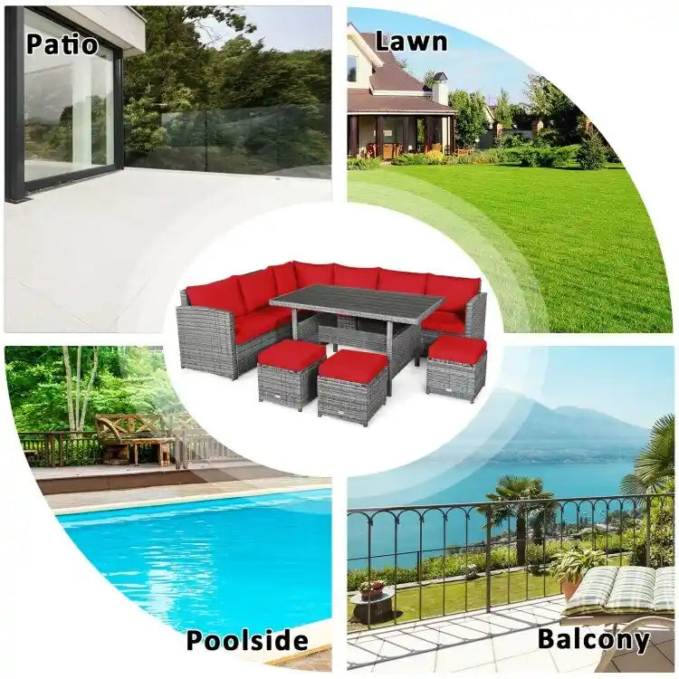 7 Pcs All-Weather Patio Rattan Dining Furniture Sectional Sofa Set with Wicker Ottoman and Cushed Couch – Image 7