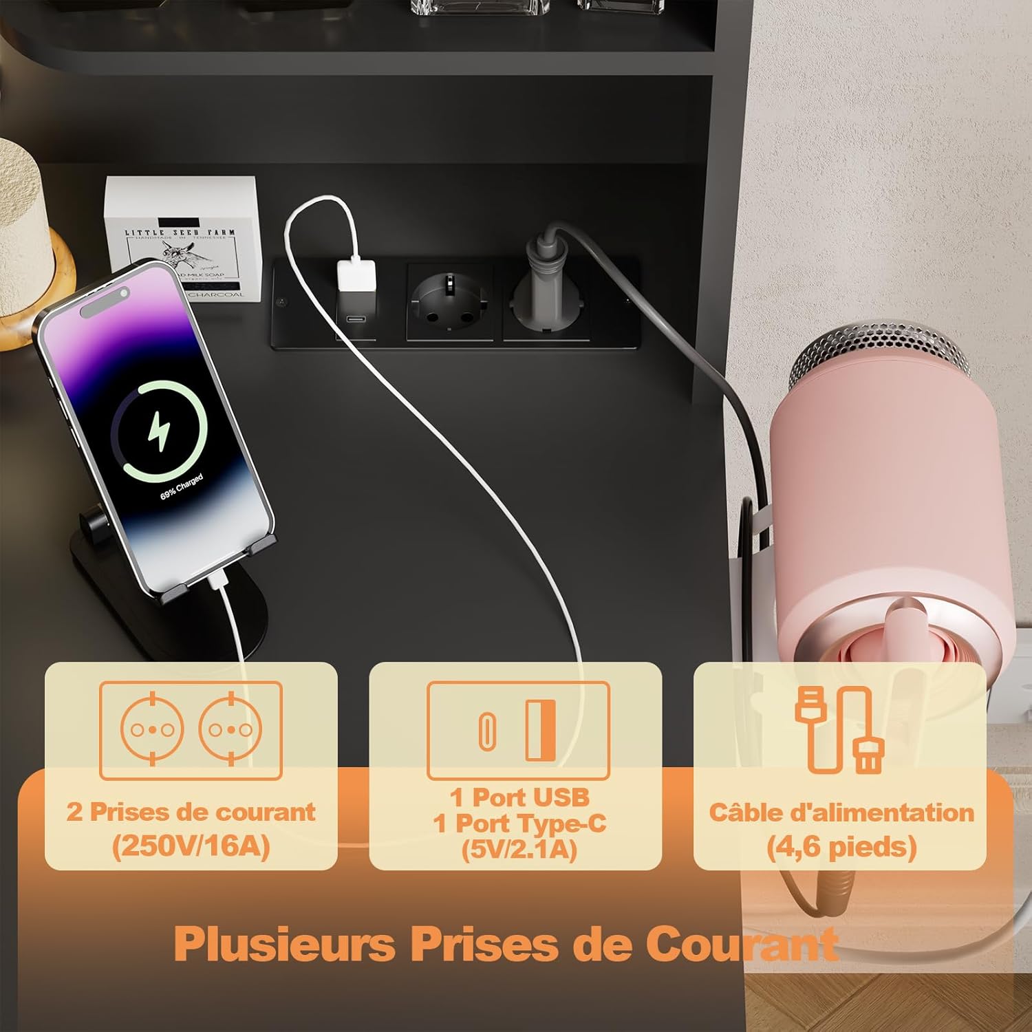 Airfish Coiffeuse LED, tiroir et prise, bureau de maquillage moderne avec étagères, commode pour chambre à coucher – Image 3