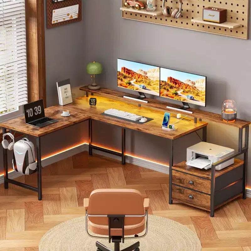 66 L-Shaped Gaming Desk with RGB LED, Charging Station, 2 Drawers & Monitor Stand – Brown – Image 3