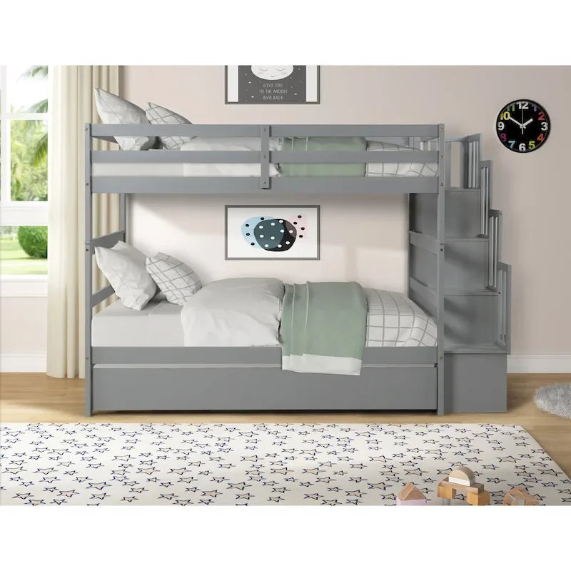 Twin over Twin Bunk Beds With Twin Trundle and Stairway Storage Function in Grey Color – Image 5