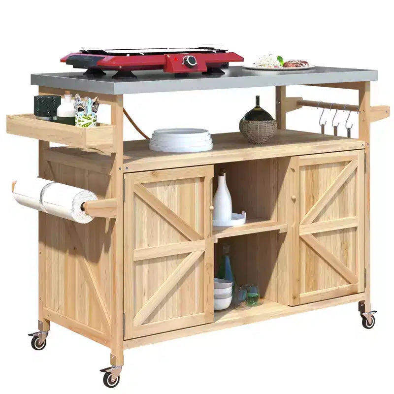 Outdoor Kitchen Island with Stainless Steel Top, Wooden Kitchen Cart with Doors, Shelves and Spice Rack, Rolling Kitchen Island – Image 24