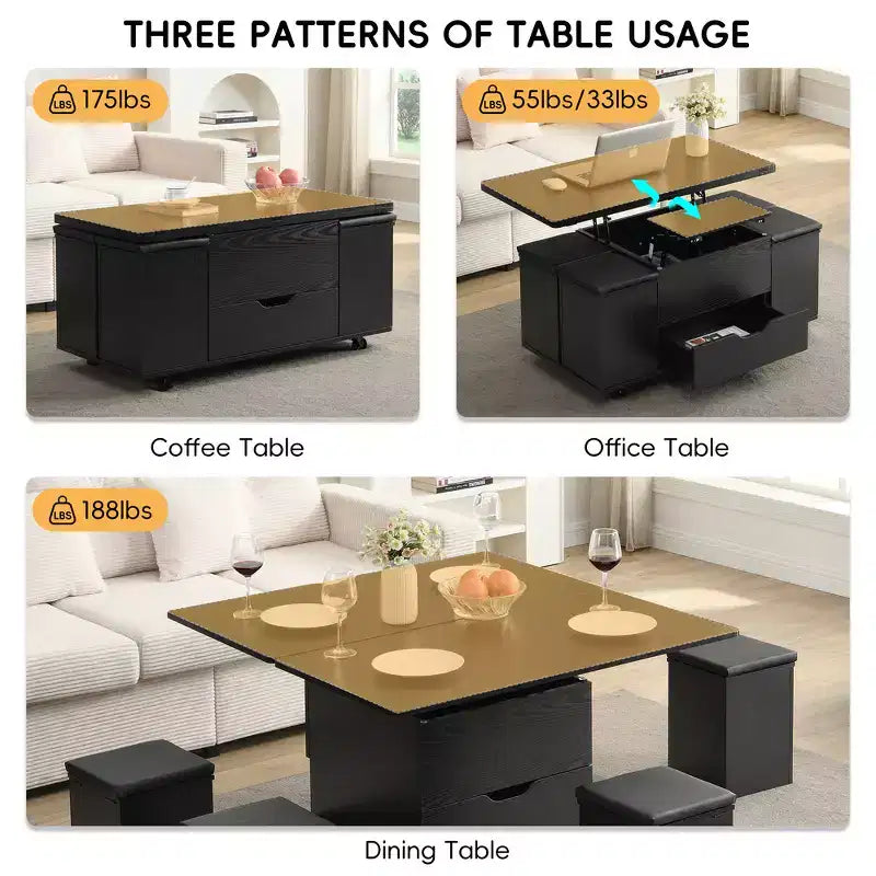 Zeus & Ruta Multi-Function Modern Lift-Top Coffee Table with Hidden Storage, 4 Stools and Casters, Perfect for Modern Living Spaces – Image 11