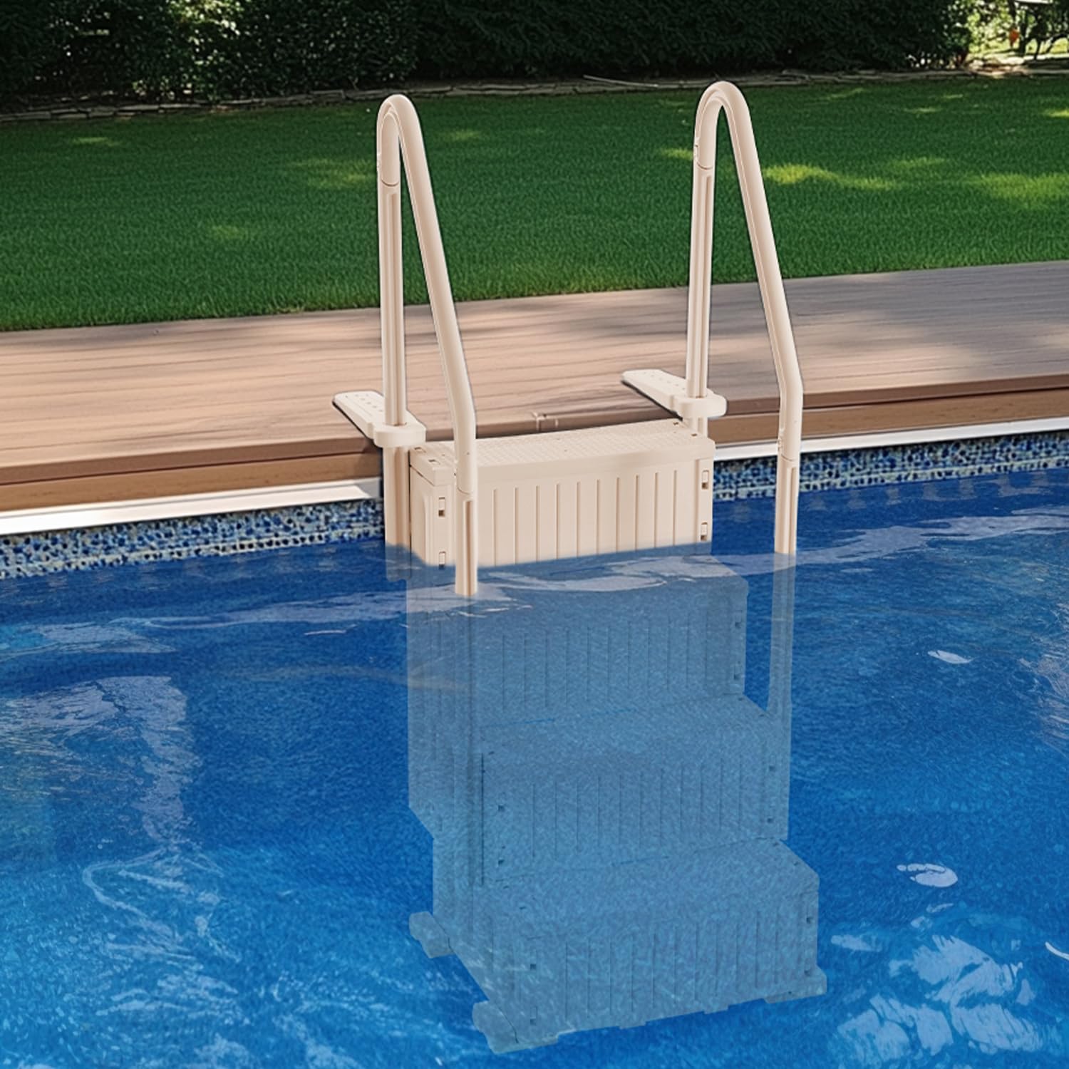 VEVOR Escalier de Piscine en Plastique avec 2 Rampes, 4 Marches Antidérapantes, Capacité de Charge 181,4 kg, pour Piscines Creusées Hors Sol 122-137 cm, Terrasse, Maison, Intérieur, Extérieur, Taupe – Image 8