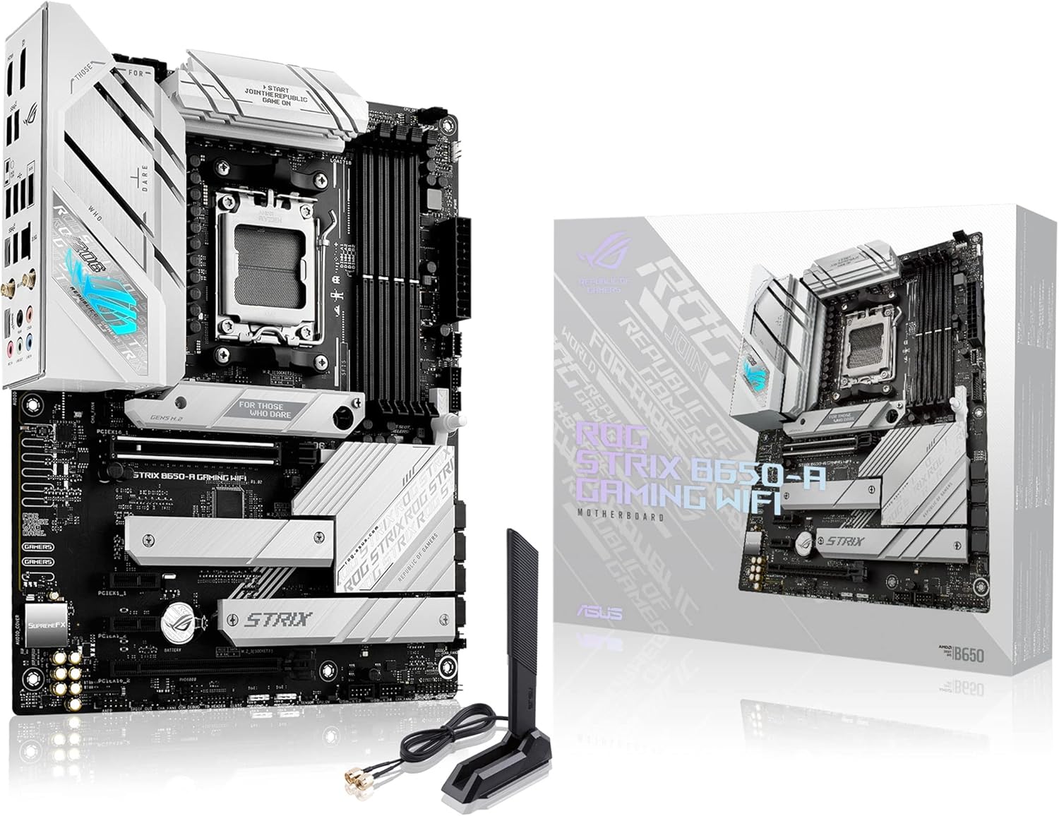 ROG Strix B650-A Gaming WiFi – Carte mère Gaming AMD Ryzen AM5 ATX (12+2 Phases d'alimentation, DDR5, 3 x M.2, PCIe 4.0, 2.5G LAN, WiFi 6E, USB 3.2 Gen 2x2 Type-C Port, Aura Sync RGB)