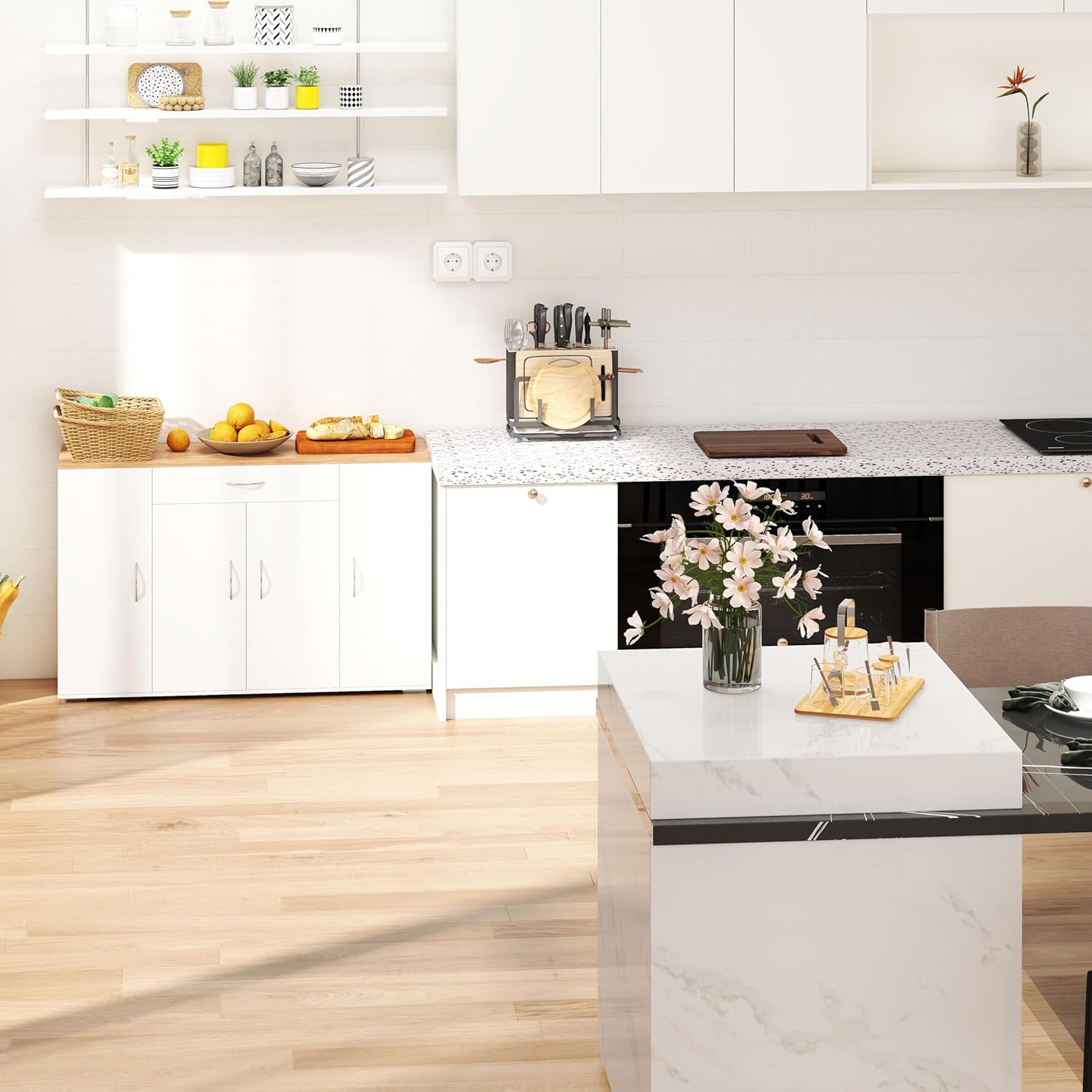 Meuble Cuisine Rangement avec Plan de Travail avec 4 Portes et 1 tiroir, Meuble de Rangement Cuisine Blanche Moderne – Image 4