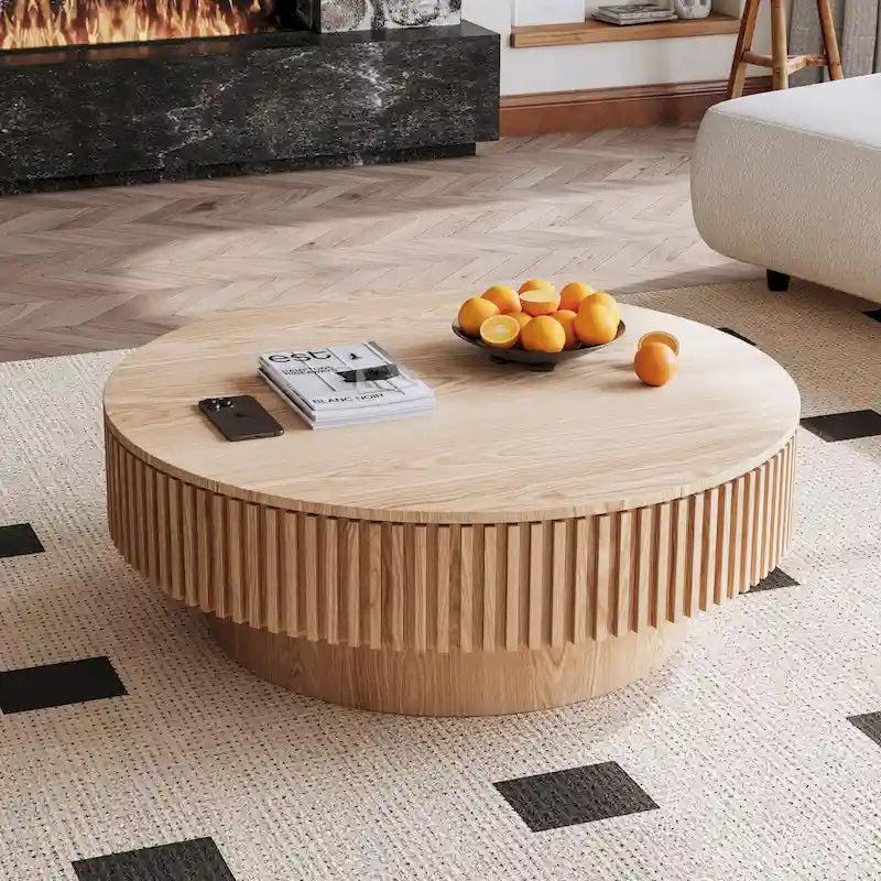 Modern Solid Wood Veneered Round Coffee Tea Table with Storage – Image 29
