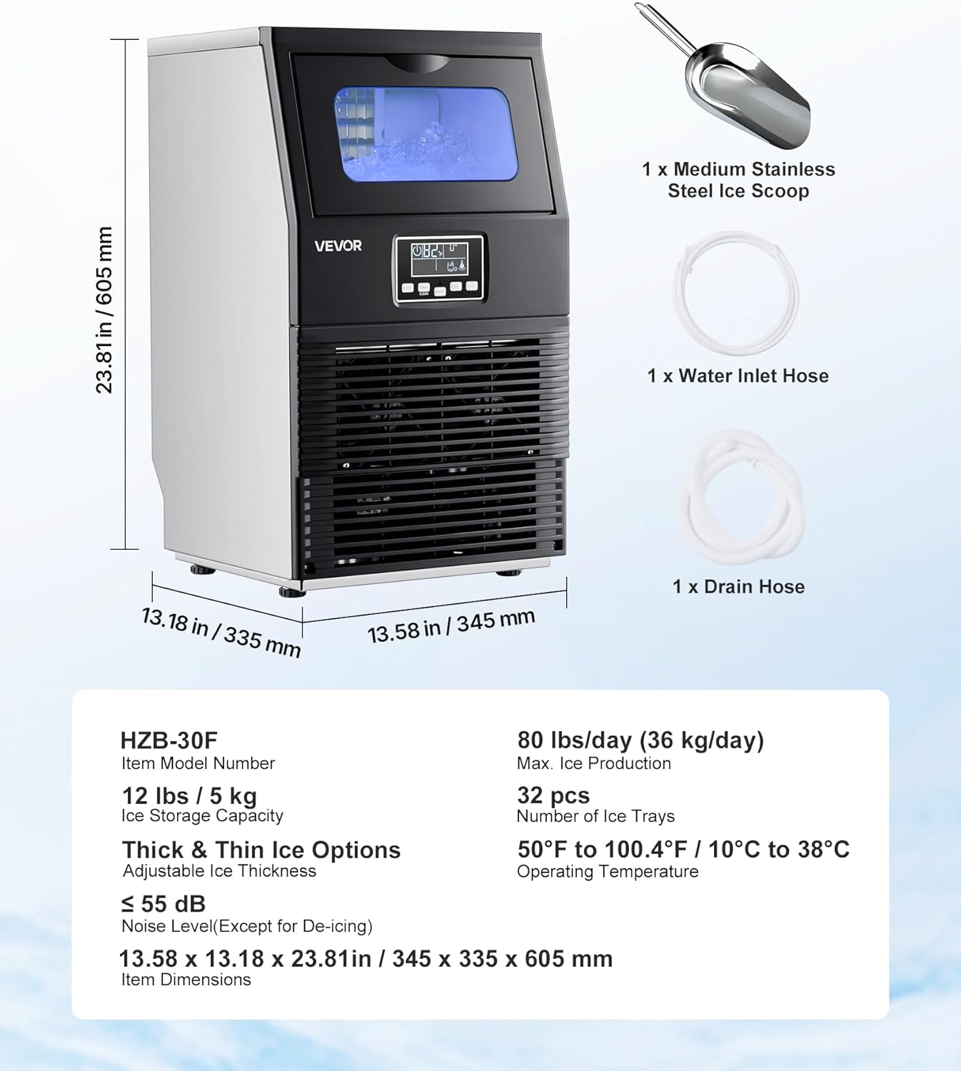 VEVOR Machine à Glaçons Commerciale 36 kg/24 h, Appareil de Préparation de Glaçons avec Capacité de Stockage de 5 kg, 32 Cubes par Cycle, avec Écran LED et Nettoyage Automatique, Restaurant Bar – Image 7