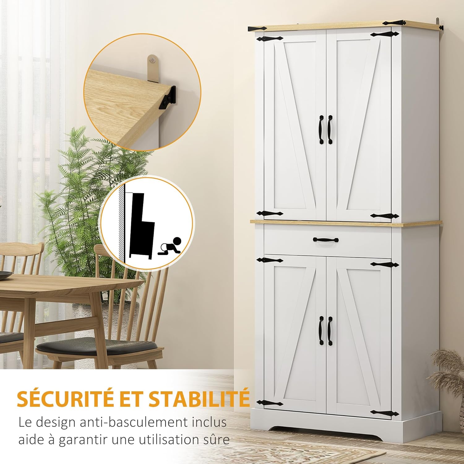 HOMCOM Armoire de Cuisine Buffet Cuisine vaisselier Meuble de Rangement avec 4 Portes, 6 étagères à Porte,1 tiroir et étagères réglables, 76,5 x 40 x 181 cm, Blanc – Image 7
