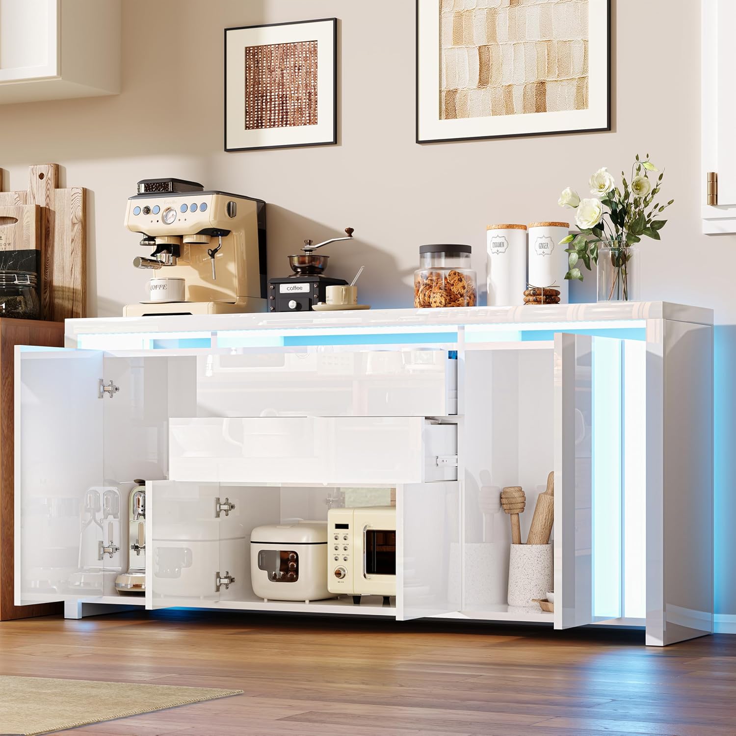 LONELYO Buffet Blanc Laqué 4 Portes2 Tiroirs avec Éclairage LED, Meuble de Rangement Moderne pour Salon, Cuisine ou Entrée, Design Haut Brillant Blanc – Image 4