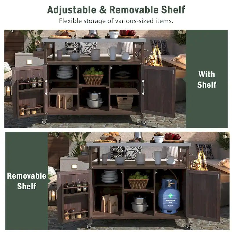 Outdoor Kitchen Island, Rolling Bar Cart & Storage Cabinet,Solid Wood Grill Table with Stainless Steel Top,Spice Rack,Towel Rack – Image 7