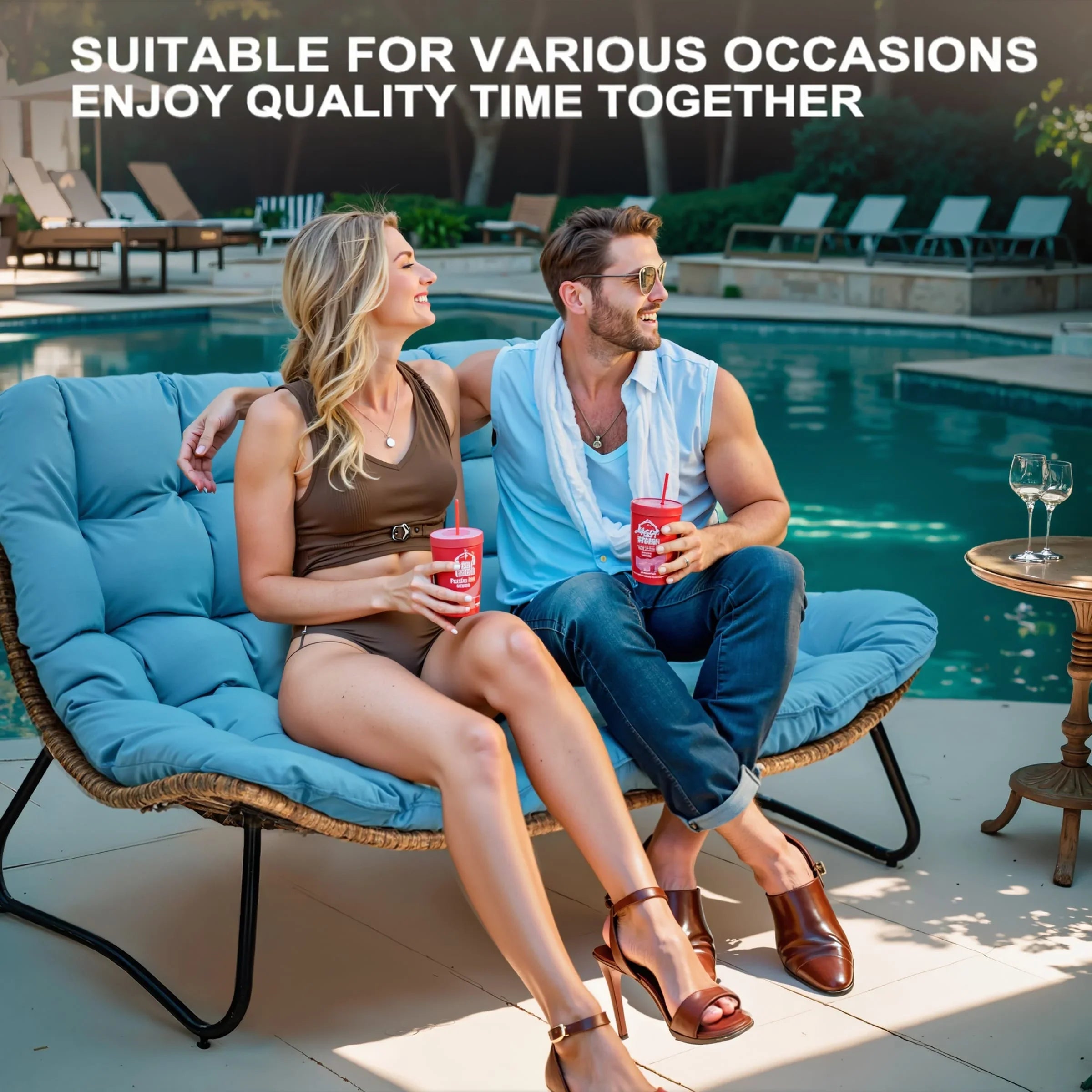 Double Papasan Chair Loveseat with Cushion, All-weather PE Rattan and Metal Frame for Indoor Outdoor – Image 2