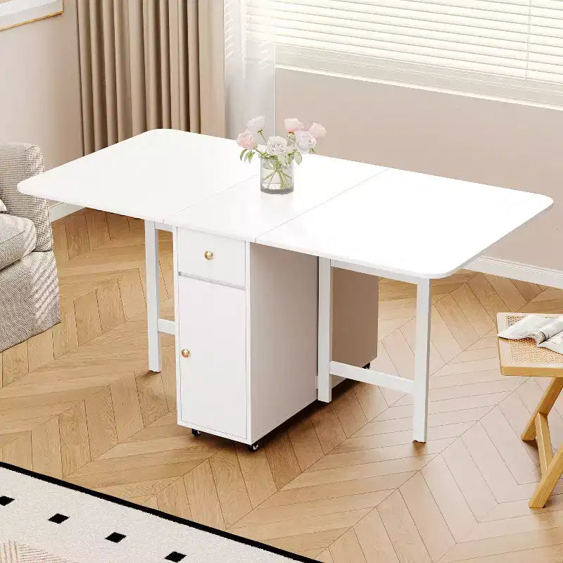 ATJafurn 59'' Foldable Dining Table with Drop Leaves for Small Space, Rectangular Wooden Extendable kitchen Table with Wheels and Storage – Image 3