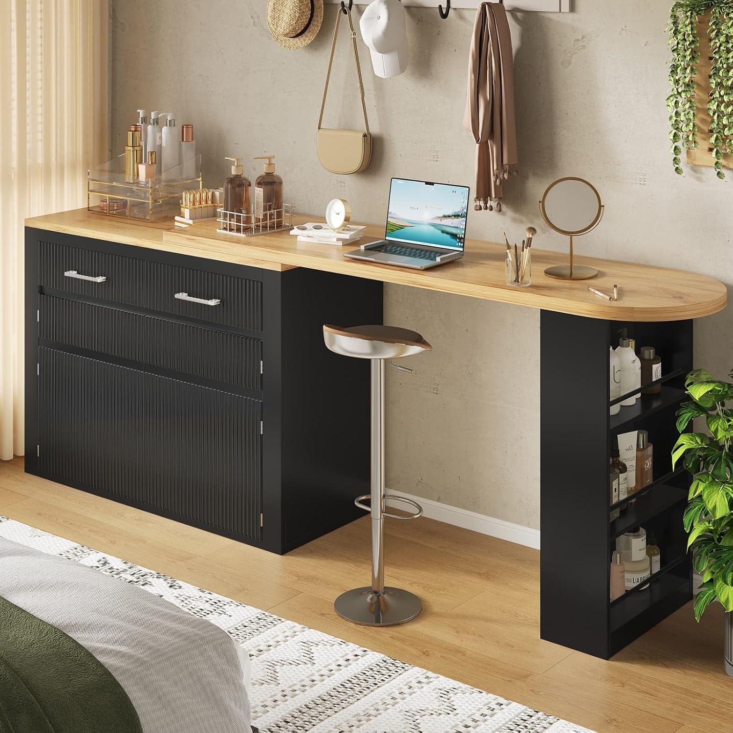 KOMHTOM Table de Bar Extensible avec Espace de Rangement, Meuble Bar avec 2 Portes en Verre, Rotation Libre à 360 °, étagères latérales (Noir-3)