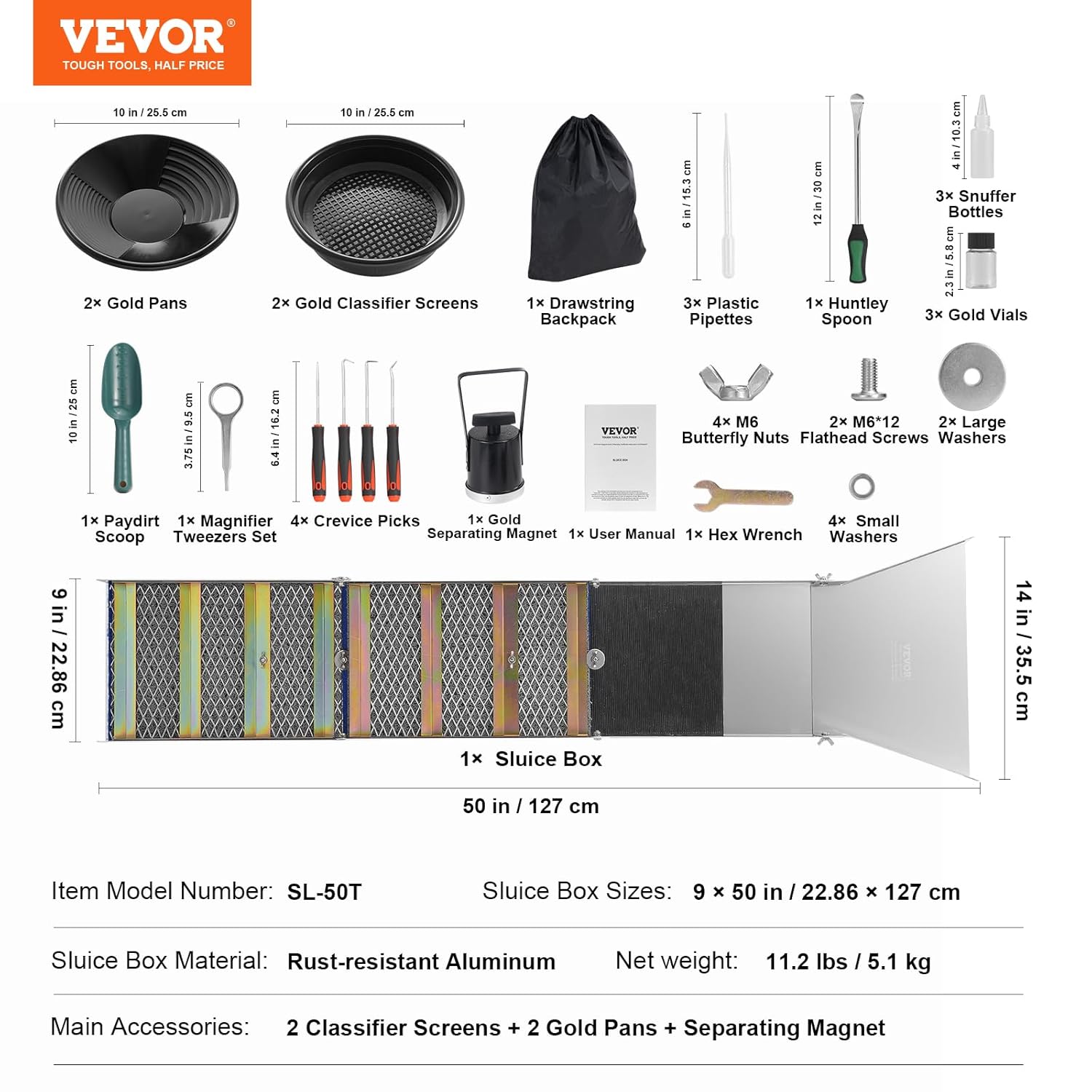 VEVOR Kit d'Orpaillage Portable 23 Pièces Rampe d'Orpaillage 127 cm en Aluminium Résistant avec Bâtée Tamis Pipettes Pelle et Sac de Transport Sluice pour Mineur Prospecteur d’Or Jardin Rivières – Image 9