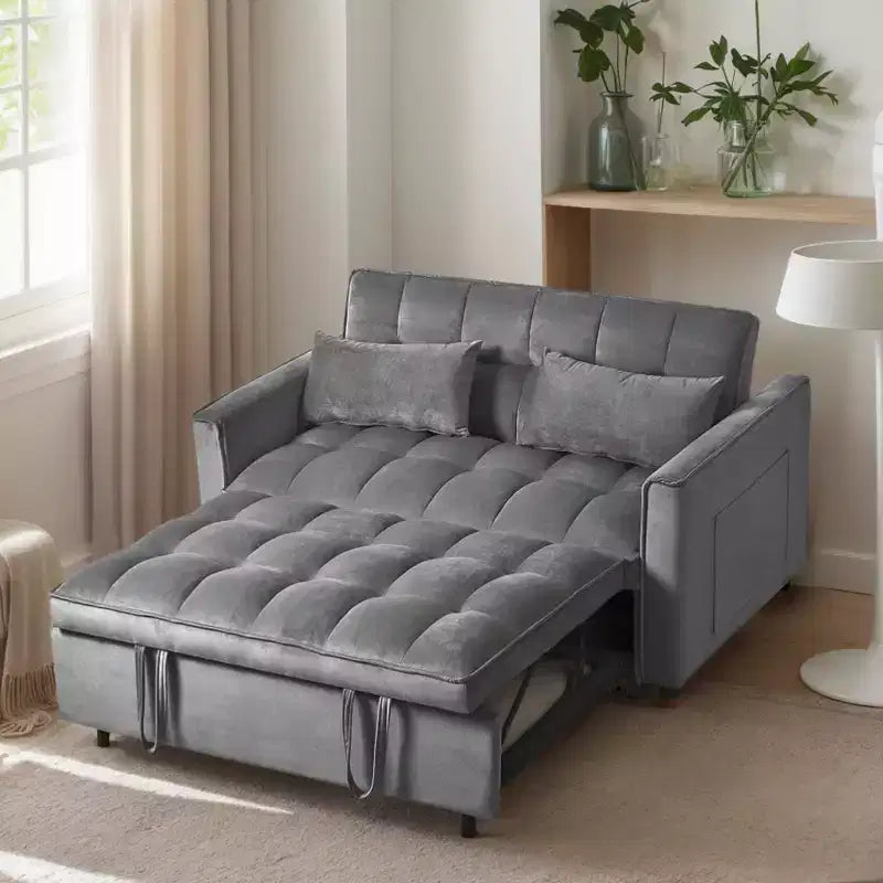 Cement Gray 3 in 1 Velvet Convertible Sleeper Sofa Bed with Pillows and Pockets, Modern Pull Out Couch Bed, Adjustable Backrest – Image 5