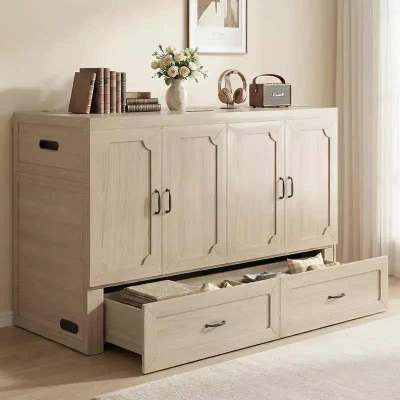 Mjkone Queen Size Convertible Murphy Cabinet Bed with Mattress, USB Charging, Storage Drawers – Image 20