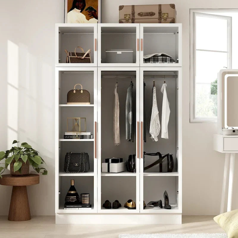 47.2 Wide Armoire LED Light All Glass Door Closet Cabinet Wardrobe – Image 11