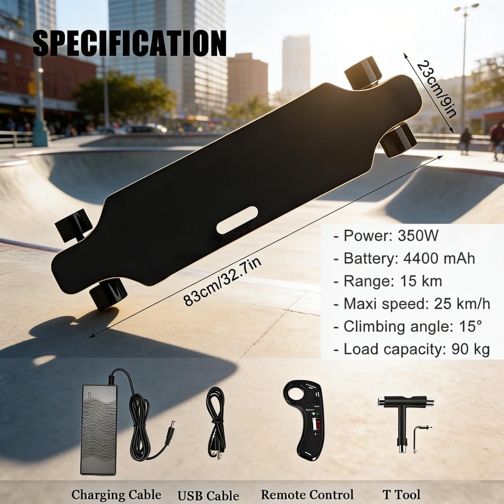 Skateboard Électrique Tout-Terrain avec Télécommande Intelligente, Vitesse Maximale 25km/h et Autonomie de Déplacement 15km, Contrôle 4 Vitesses avec Affichage, Design Skate – Image 3