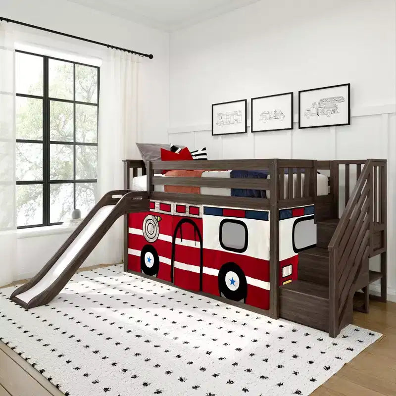 Low Twin over Twin Bunk With Stairs, Easy Slide & Firetruck Curtain – Image 2