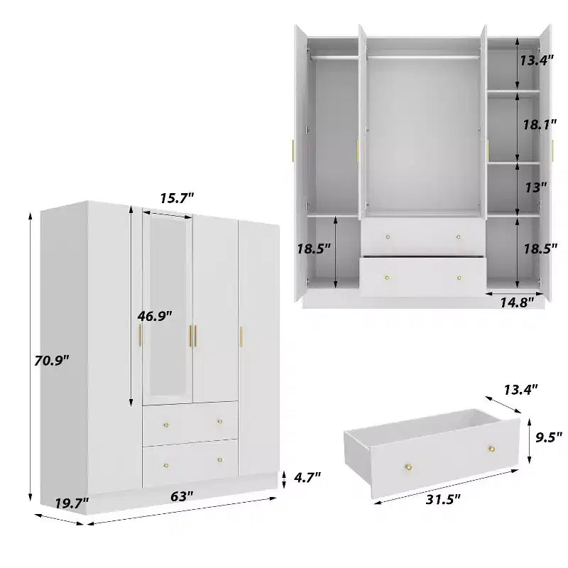 Hitow Armoire 2-Large Drawer Center Hanging Area with Mirror Minimalist Style – Image 14