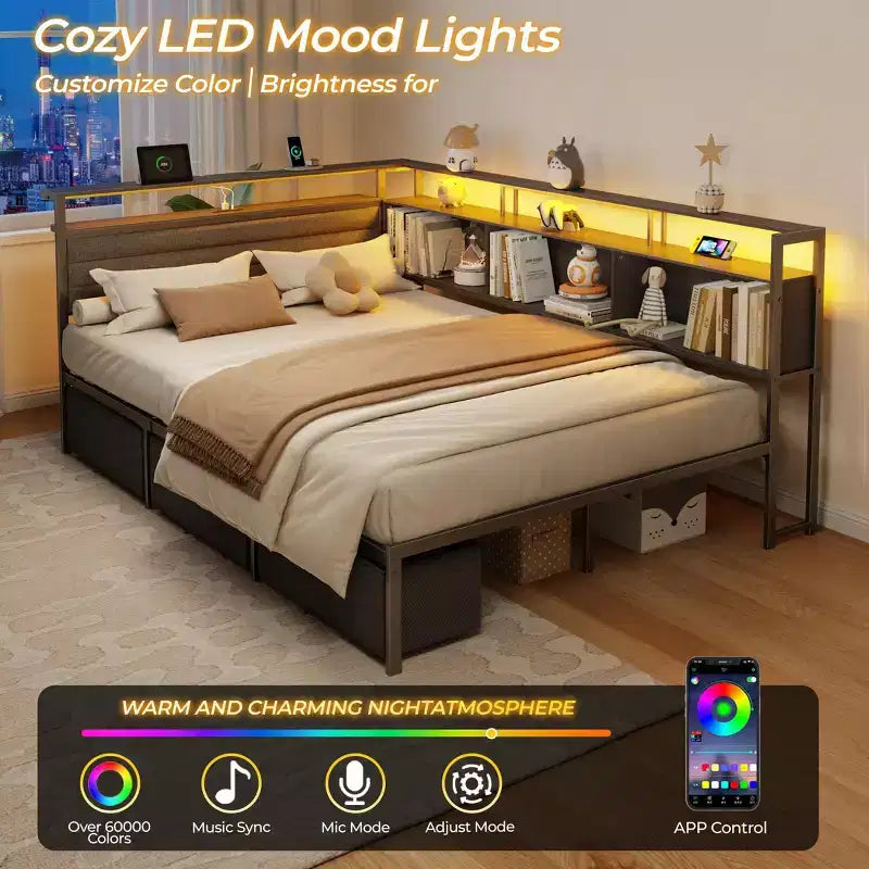 Black Full Bed Frame with LED Lights Charging Station Storage Bookcase 3 Drawers Upholstered Headboard Corner Daybed No Box Spring Support – Image 4