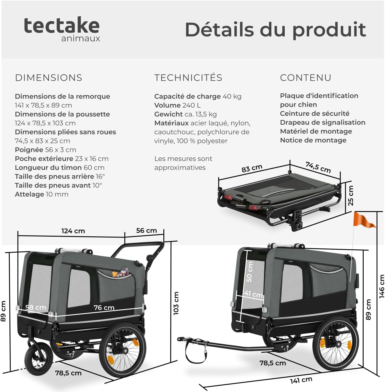 tectake® Remorque Velo Chien 3 en 1 Pliable avec Reflecteurs, Drapeau, Remorques Vélo pour Chiens Aussi comme Poussette Chien Animaux de Compagnie de Taille Moyenne Charge Maximale 40 kg – Image 6