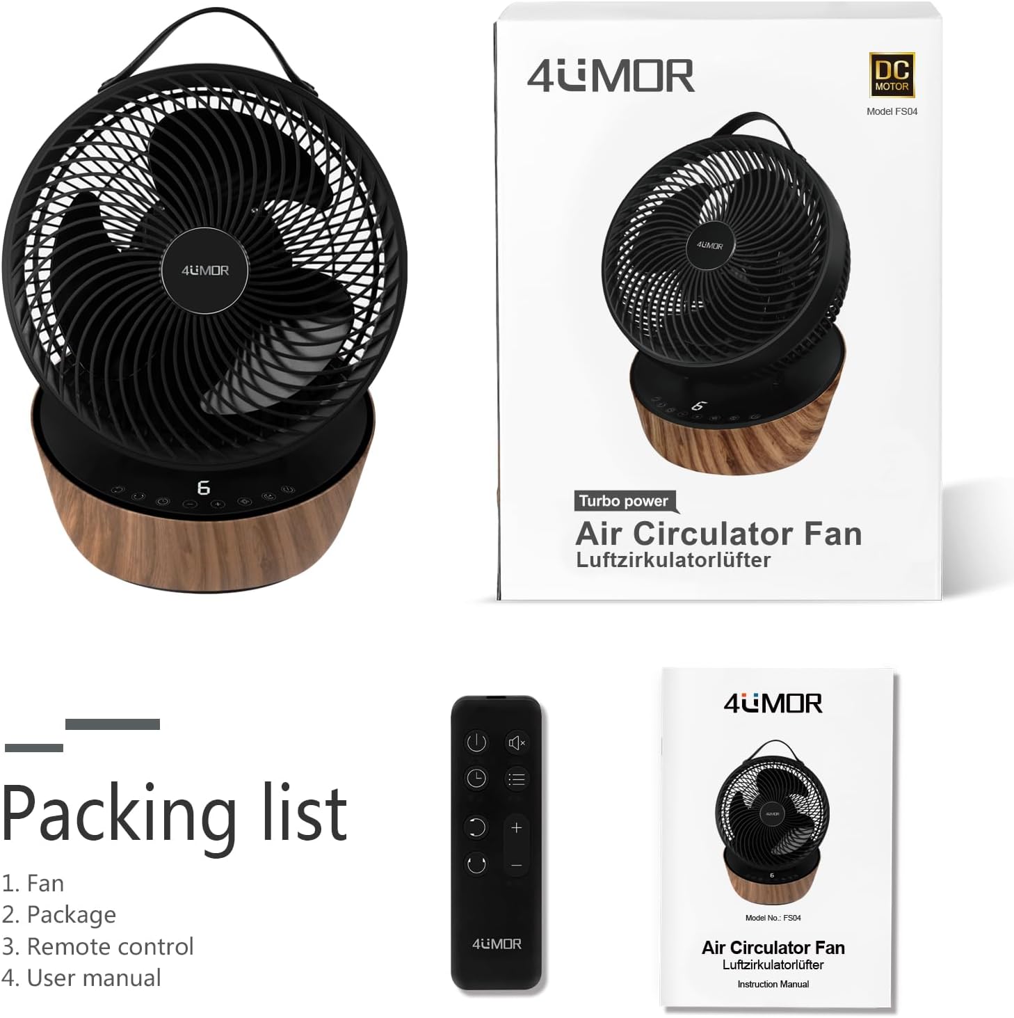 4UMOR Ventilateur Ultra Silencieux 20dB avec Télécommande 1823m³/h Moteur DC 12 Vitesses 8h Minuterie 3D Oscillation Turbo Ventilateur de Table Circulateur d'Air pour Bureau Chambre, Noir – Image 7