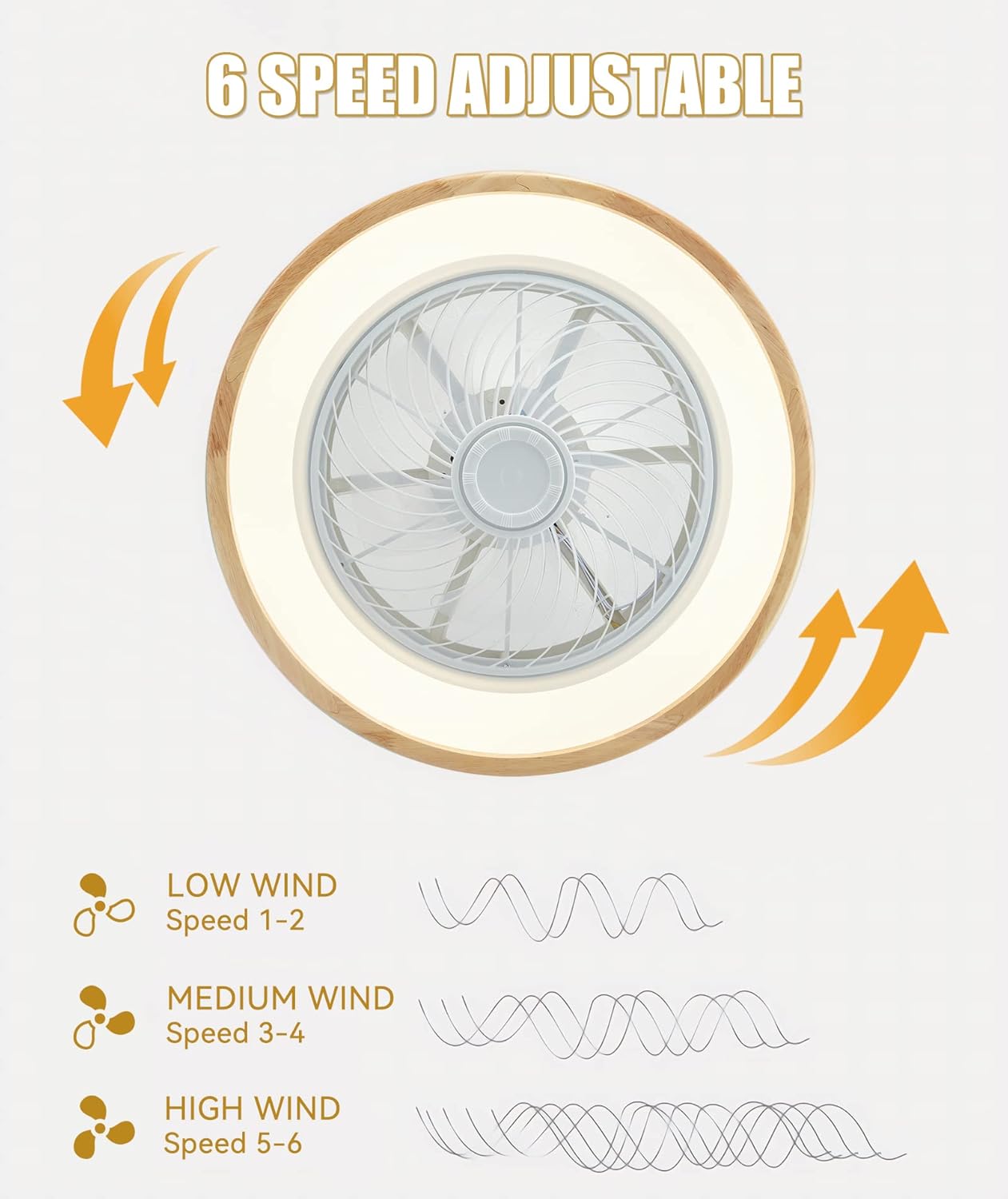 LJX Ventilateurs de Plafond avec Lumières Bois et Télécommande Plafonnier Ventilateur Design Sans Pales Été Et Hiver Réversible 6 Vitesses Moteur DC Gradable Ventilo Plafond Silencieux Pour Chambre – Image 3