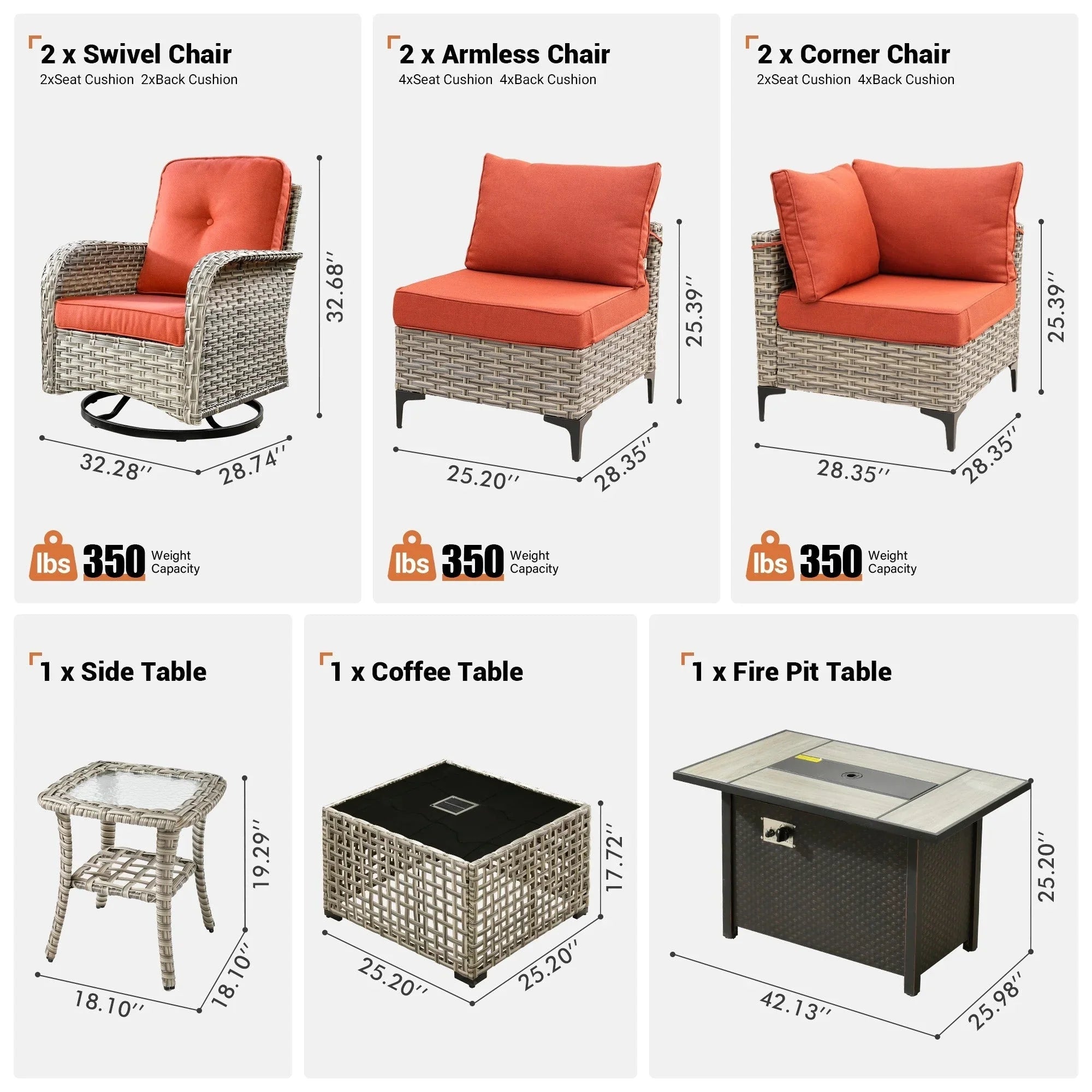 OVIOS 9 Pieces Outdoor Wicker Swivel Chair Set With Fire Table – Image 25