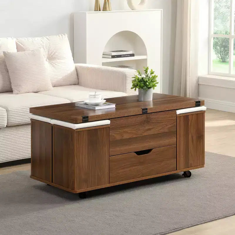 Zeus & Ruta Multi-Function Modern Lift-Top Coffee Table with Hidden Storage, 4 Stools and Casters, Perfect for Modern Living Spaces – Image 4