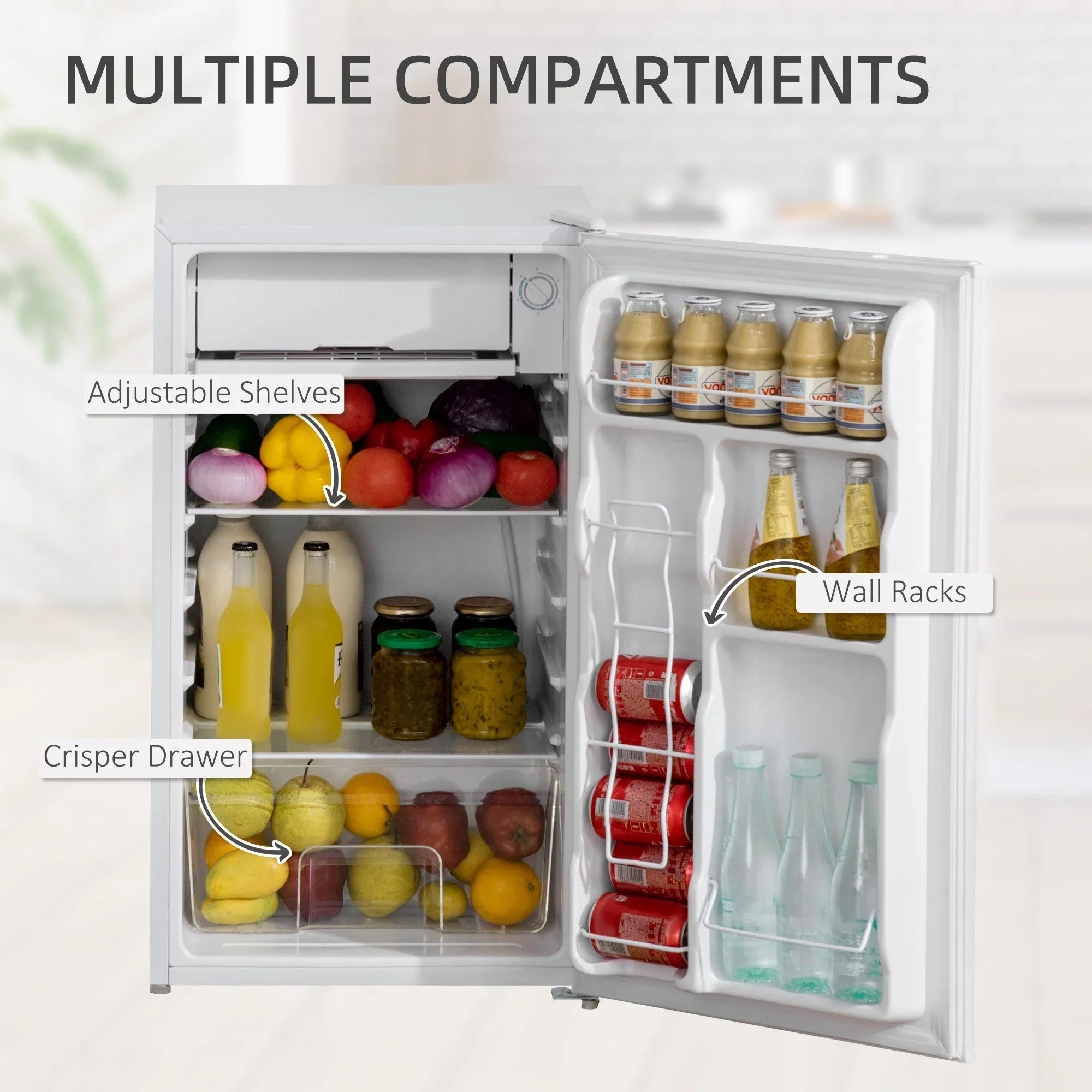 HOMCOM 3.2 Cu.Ft Mini Fridge with Freezer, Single Door Compact Refrigerator with Adjustable Thermostat for Bedroom – Image 8