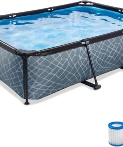 EXIT TOYS Piscine Hors Sol Tubulaire Rectangulaire 220 x 150 x 65 cm avec Pompe Filtrante – Piscine Enfant pour Jardin et Terrasse – Cadre en Acier – TÜV CE en 16582 – Stone – Gris