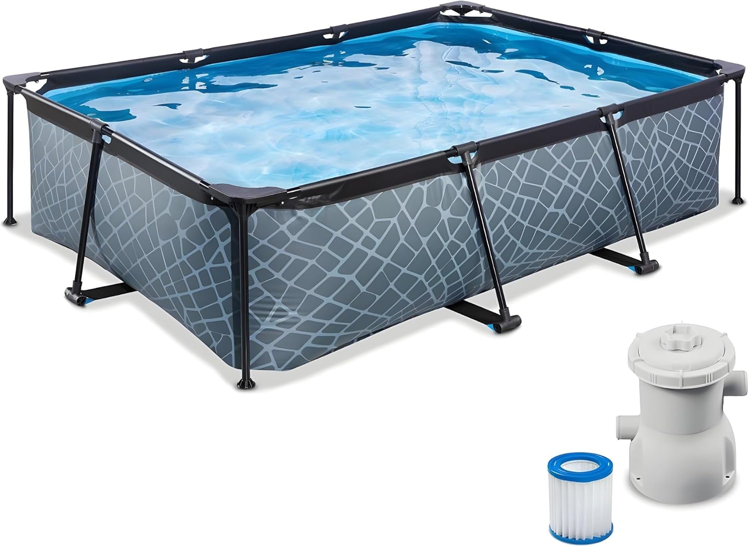 EXIT TOYS Piscine Hors Sol Tubulaire Rectangulaire 220 x 150 x 65 cm avec Pompe Filtrante – Piscine Enfant pour Jardin et Terrasse – Cadre en Acier – TÜV CE en 16582 – Stone – Gris