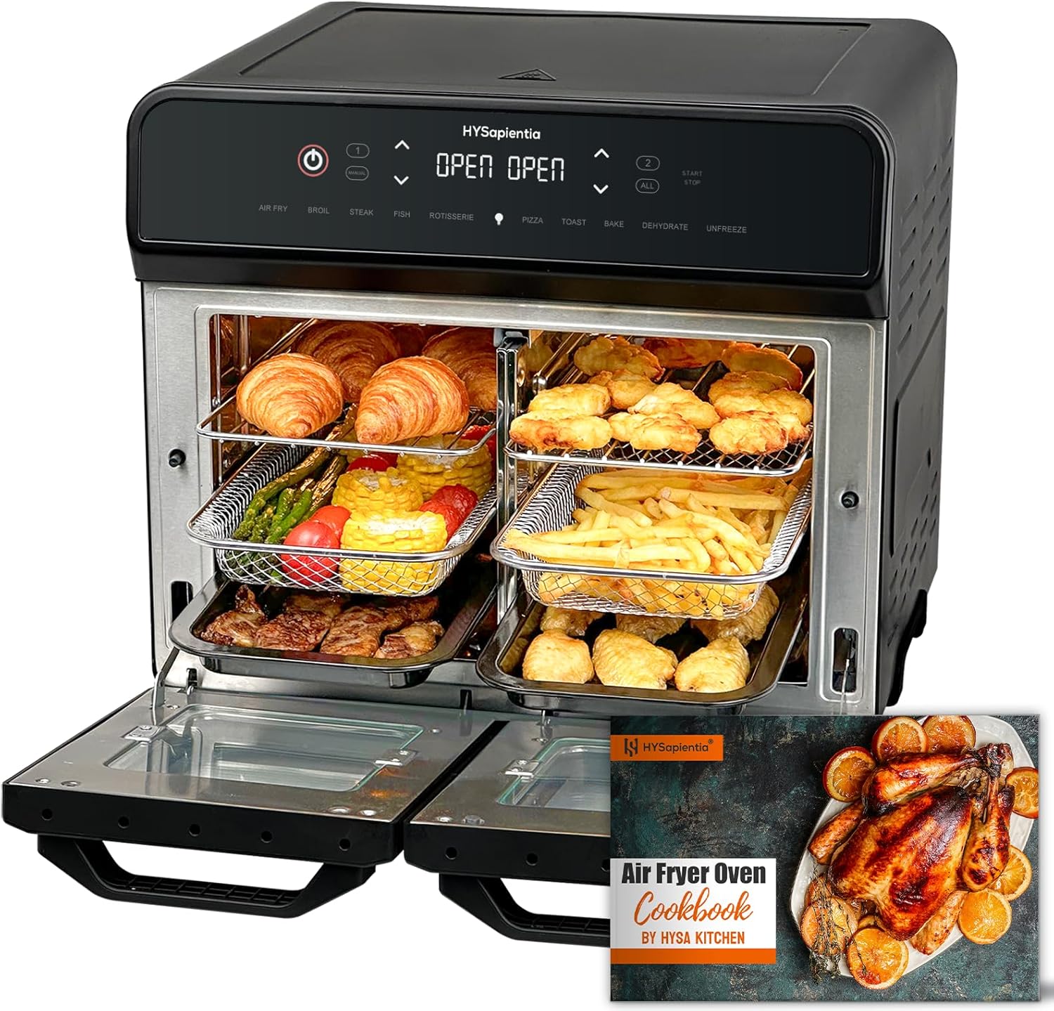 HYSapientia Four de 22 litres, Friteuse à air chaud, double panier, Friteuse à air chaud, 2400 W, 2 paniers en acier inoxydable, 10 fonctions, double température, divisée en deux gammes de serrage