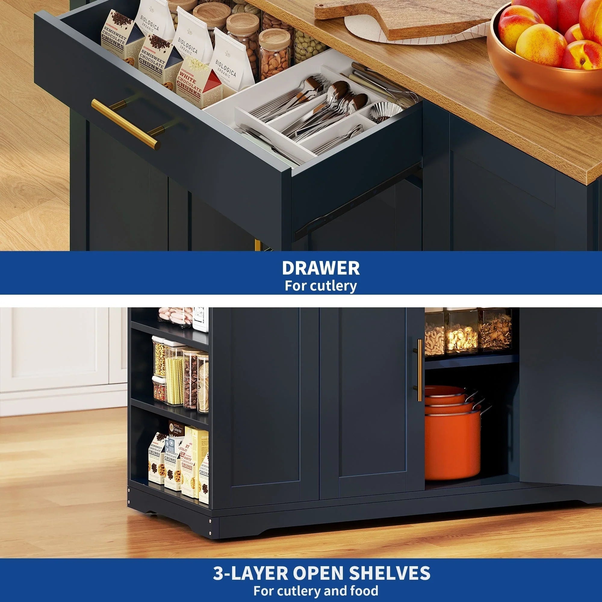 Moasis 53-inch Rolling Kitchen Island Storage Cabinet Portable Mobile Kitchen Cart – Image 31