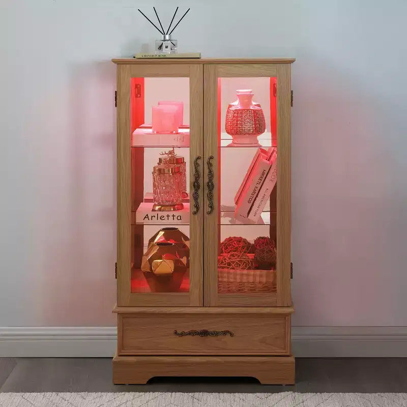 Lighted Glass Curio Cabinet with Adjustable Shelves - Elegant 2-Door Display Cabinet & Built-in Drawer, Includes Bulb – Image 34